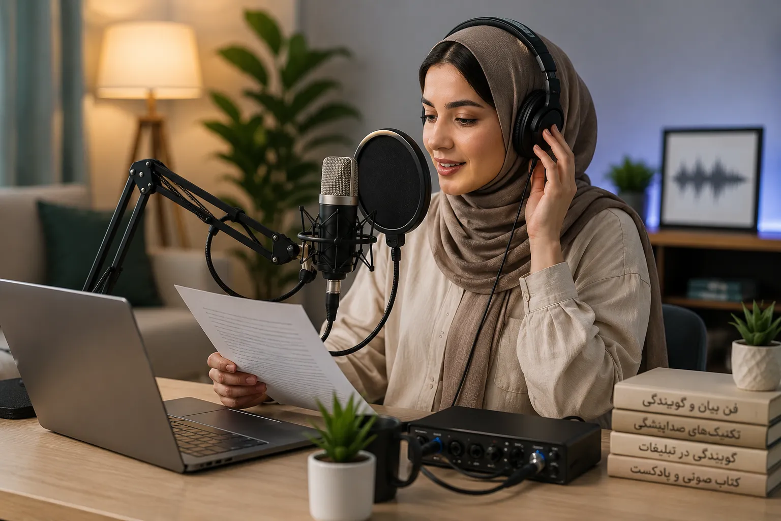 شخص در حال ضبط صدا در استودیو خانگی گویندگی
