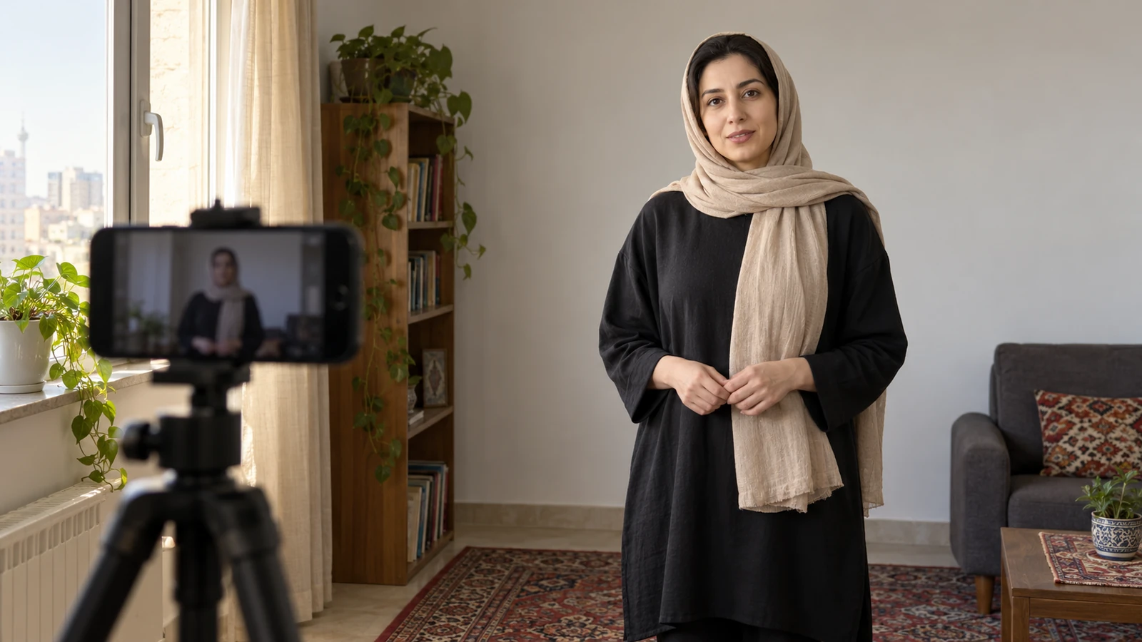 ضبط اجرای بازیگری خانگی با گوشی افقی و نور پنجره روبه‌روی بازیگر