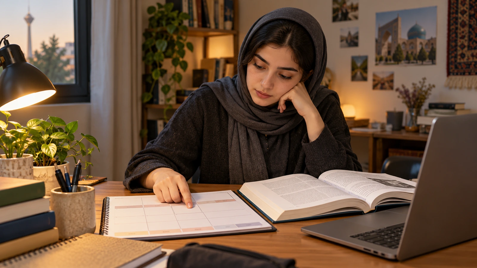 بهترین روش کسب درآمد دانشجویی؛ مقایسه 7 مسیر 1 دانشجو در حال بررسی برنامه هفتگی کنار کتاب و لپتاپ